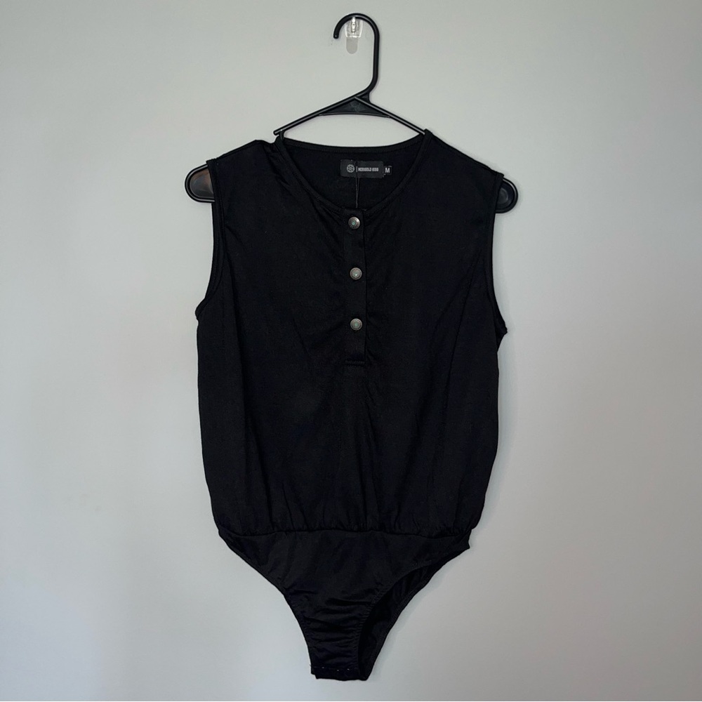 NEW Sleek Black Button-Front Western Flare Boutique Bodysuit Medium